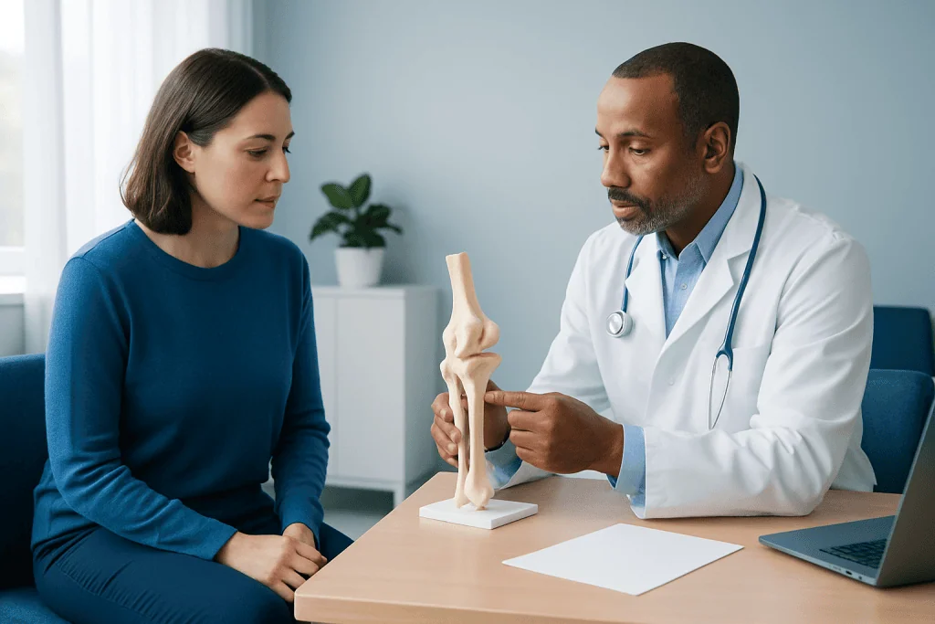 Orthopedic doctor explaining knee joint model to patient in consultation room.