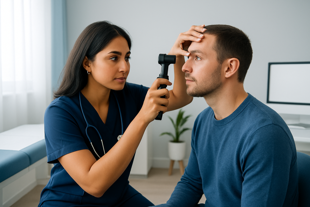 Ophthalmologist examining patient's eye with a slit lamp in clinic.