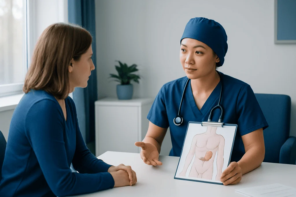 Doctor explaining desmoid tumor surgery to patient with diagram.