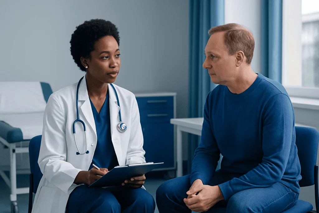 Doctor consulting with male patient in a hospital room.