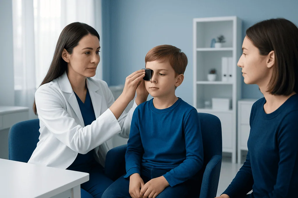 Pediatric eye exam at Acibadem Hospital with specialist and young patient.
