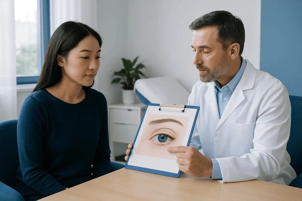 Ophthalmologist explains eyelid surgery options to patient with eye diagram.