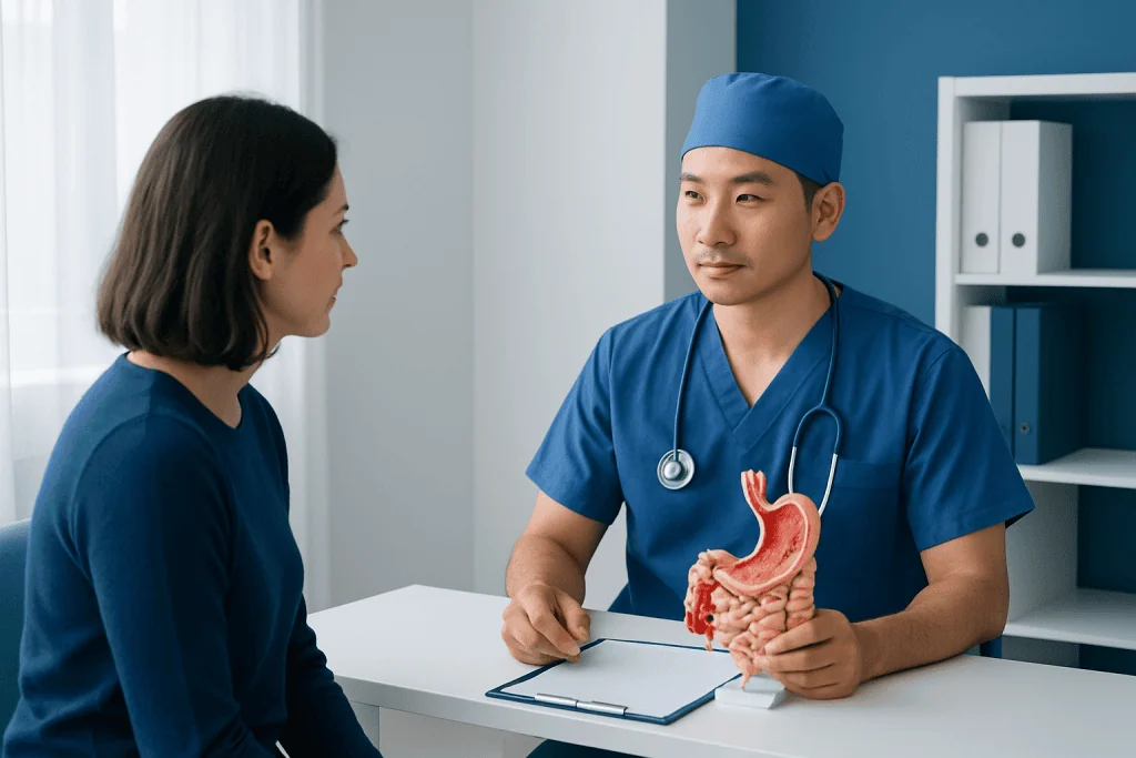 Gastroenterologist explaining stomach anatomy to patient in consultation room.