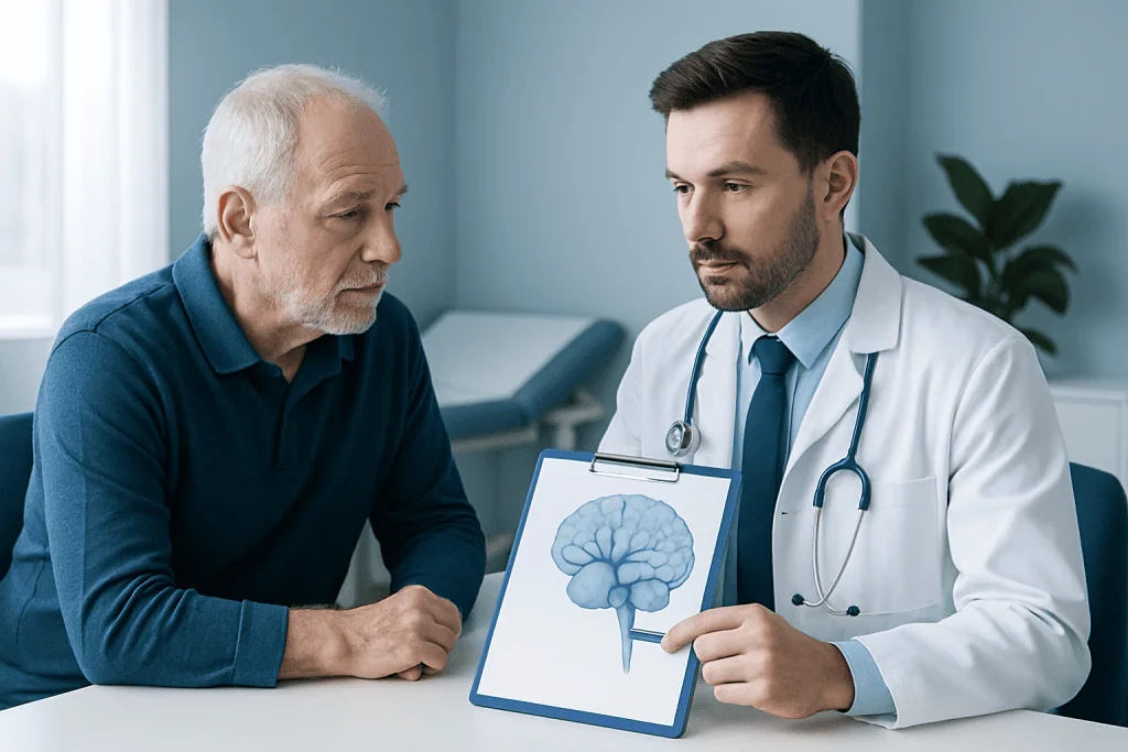 Doctor explaining brain scan to elderly patient in a medical consultation.