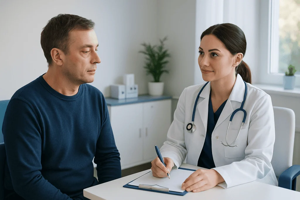 Doctor consulting with patient in a medical office setting.