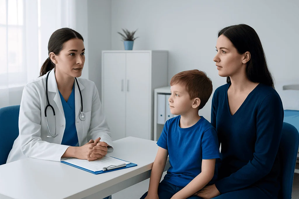 Pediatric consultation with a doctor and mother in a clinic setting.