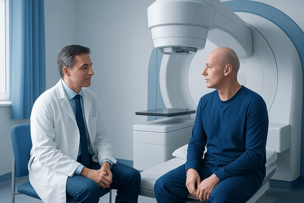 Doctor consulting with patient in medical imaging room at Acibadem Hospital.