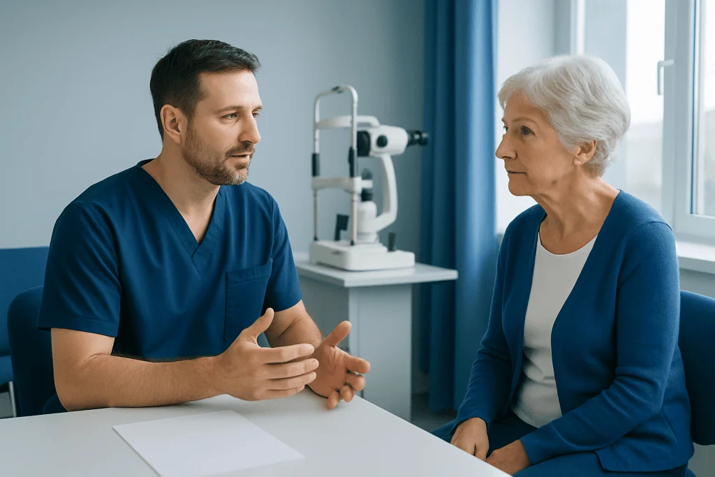 Ophthalmologist consulting with elderly patient in clinic.
