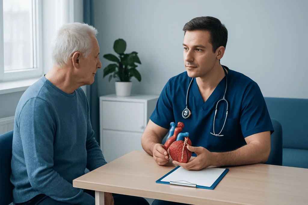 Cardiologist explaining heart health to elderly patient in consultation room.