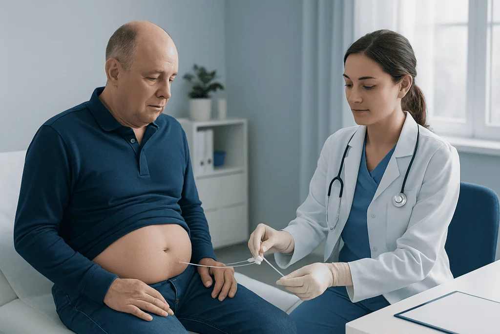 Doctor preparing for ascites drainage procedure on male patient.