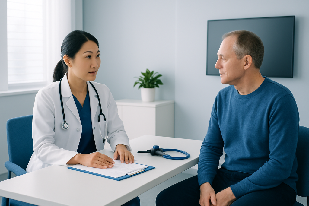 Doctor consulting with a patient in a modern medical office.