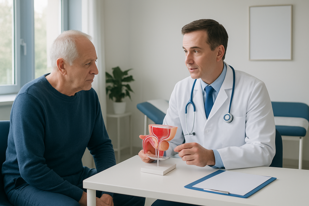 Urologist explaining prostate anatomy to an elderly patient in a consultation room.