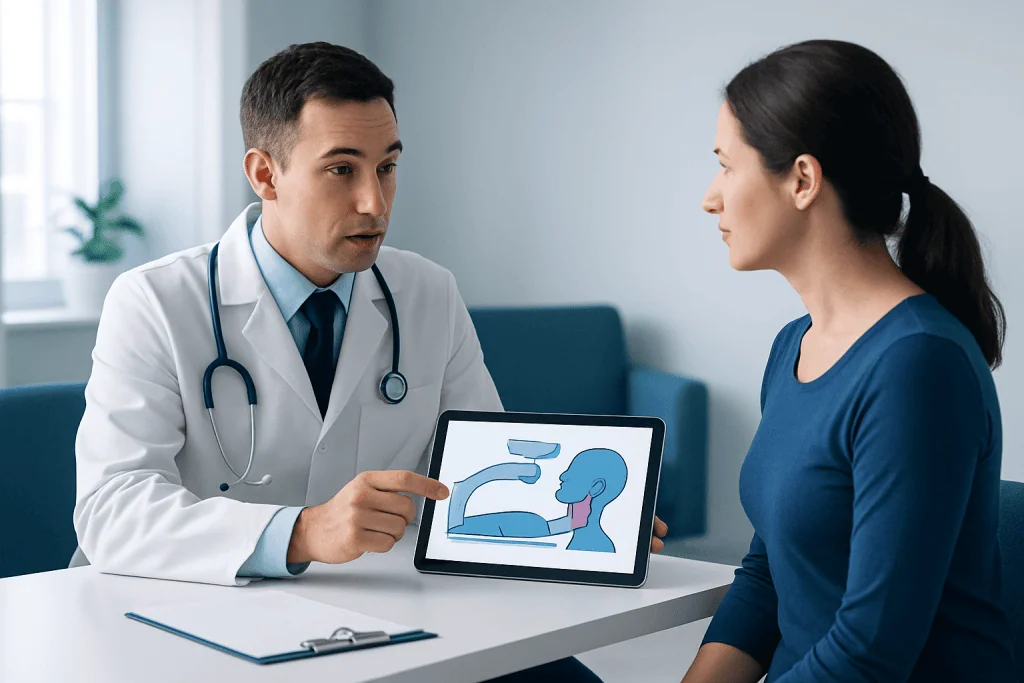 Doctor explaining radiotherapy process to patient with digital head model.