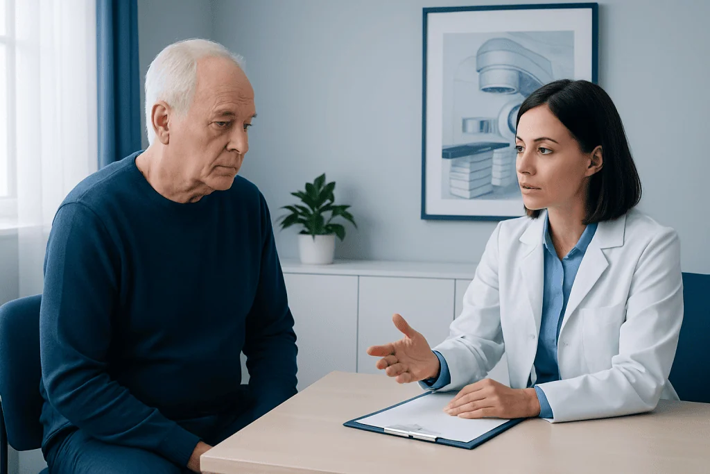 Doctor consulting with an elderly male patient in a medical office.