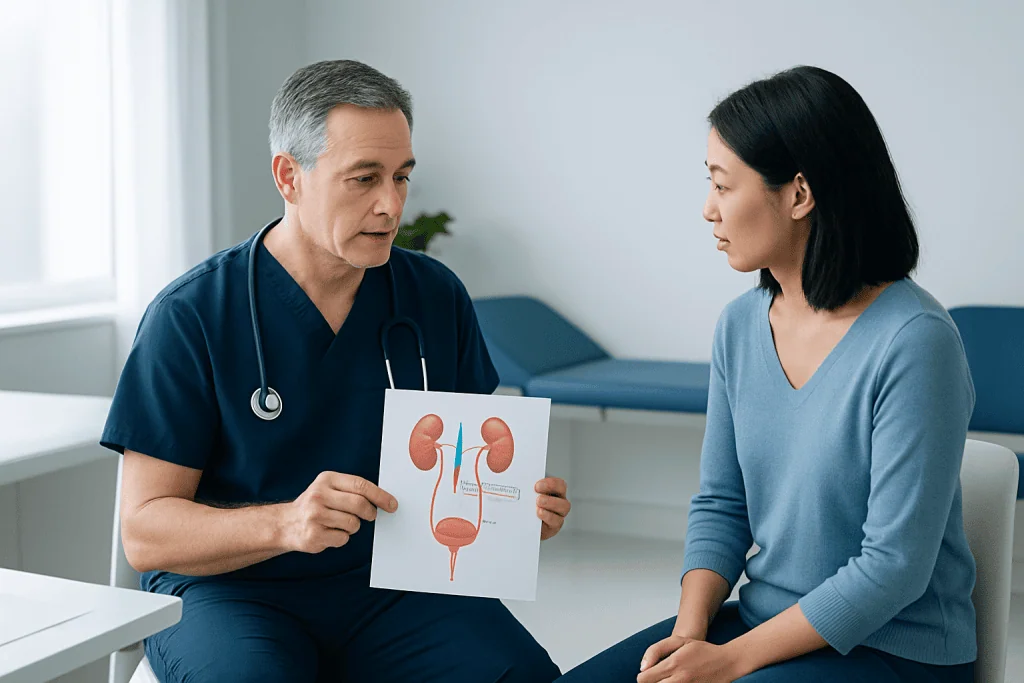 Urologist explaining urinary system diagram to patient in consultation room.