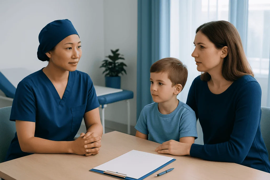 Pediatric consultation at a hospital with a doctor, mother, and child.