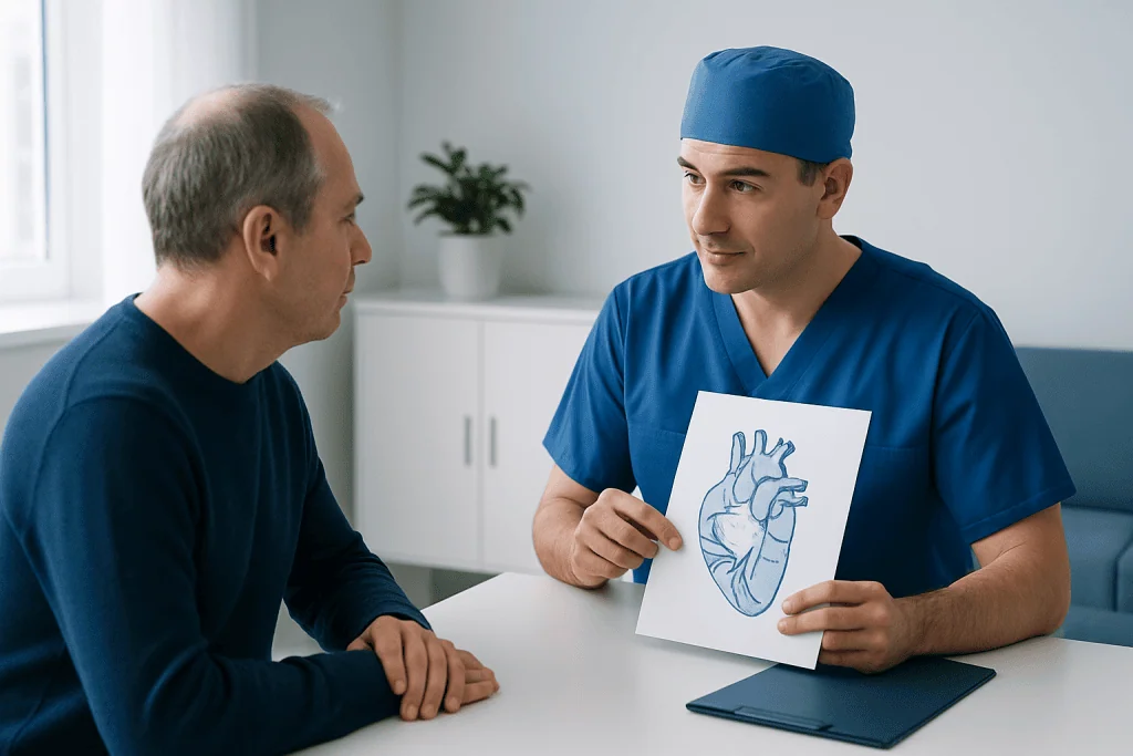Doctor explaining heart anatomy to patient in a consultation room.