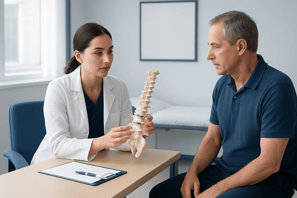 Doctor explaining cervical spine to patient with spine model in clinic.