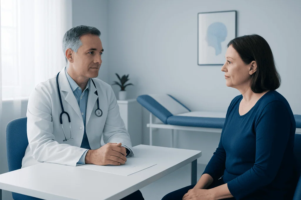 Doctor consulting with a female patient in a medical office setting.