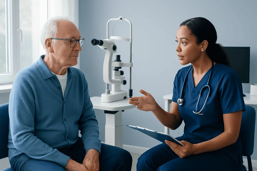 Ophthalmologist explaining eye health to elderly patient during consultation.