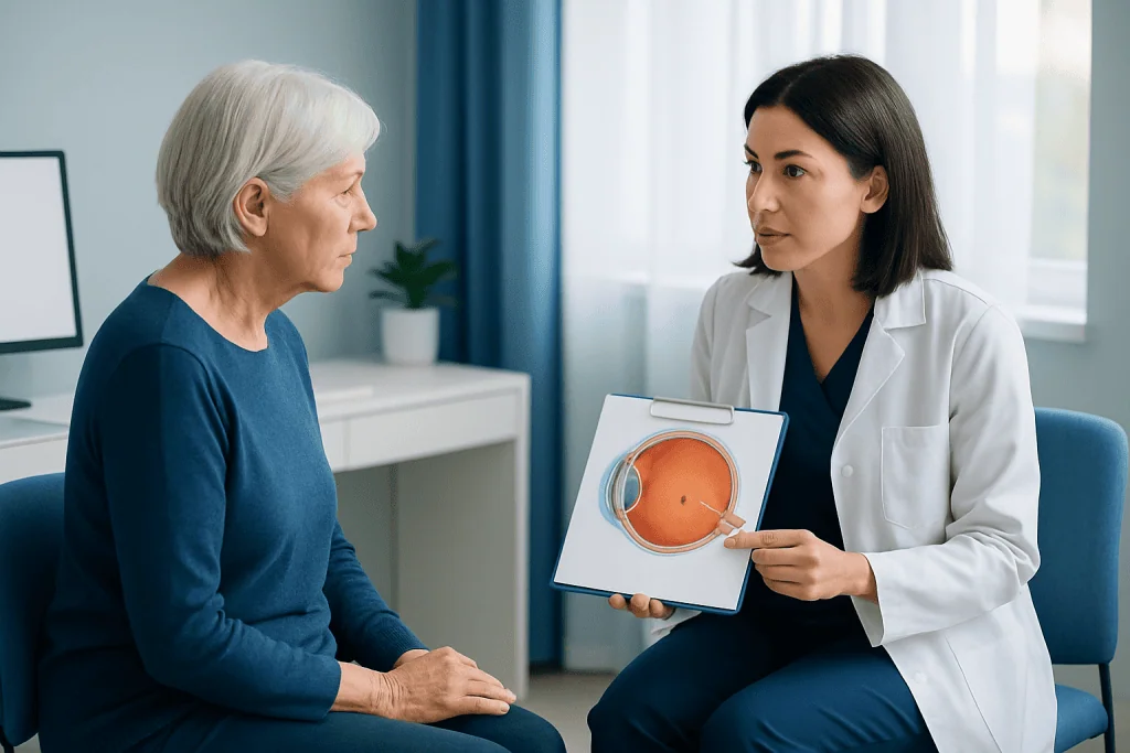 Ophthalmologist explains macular hole to elderly patient with eye model.