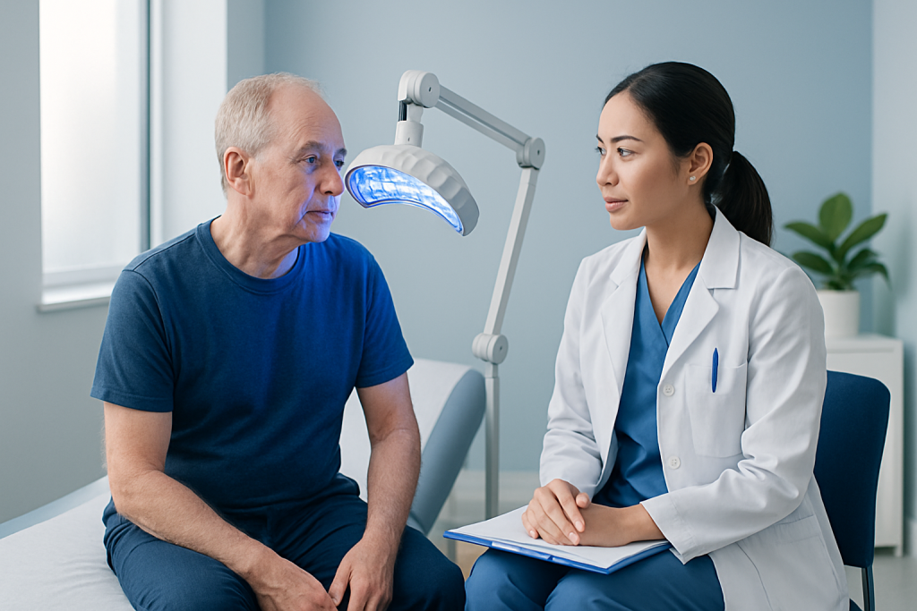 Dermatologist explains skin treatment to elderly patient in clinic.