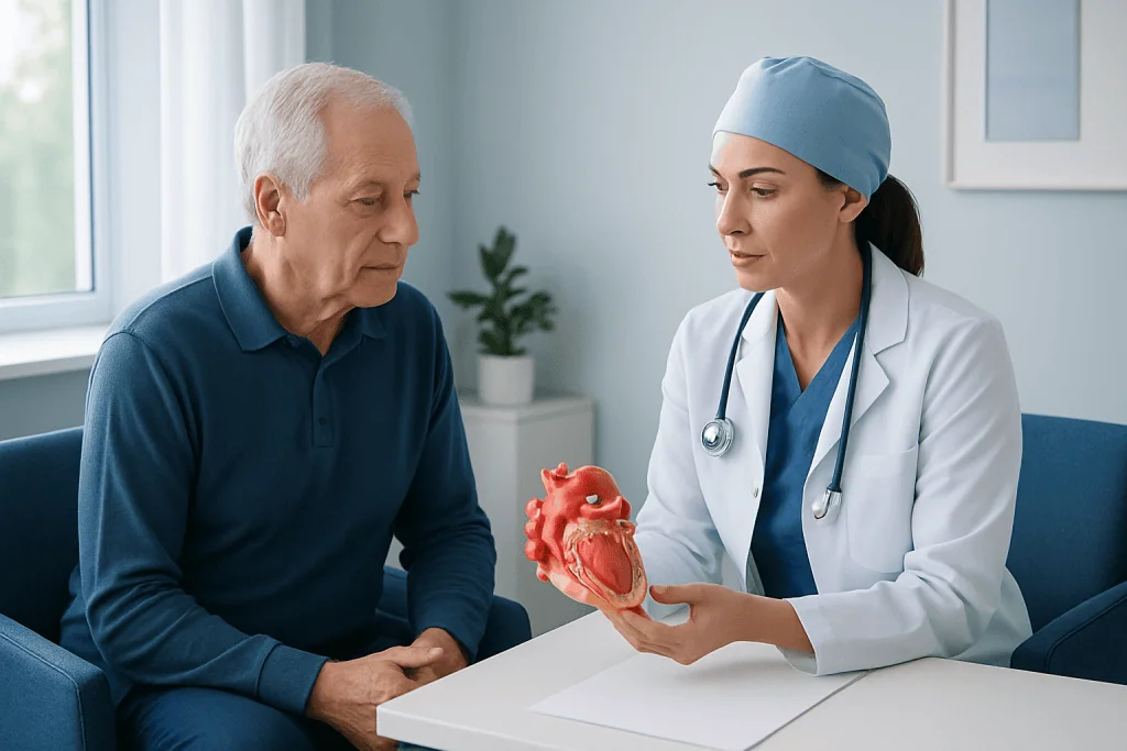 Doctor explaining heart anatomy to an elderly patient in a consultation room.