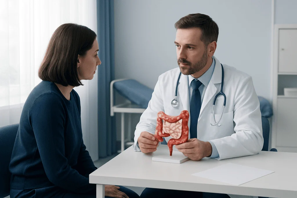 Doctor explaining colon anatomy to a patient in a consultation room.