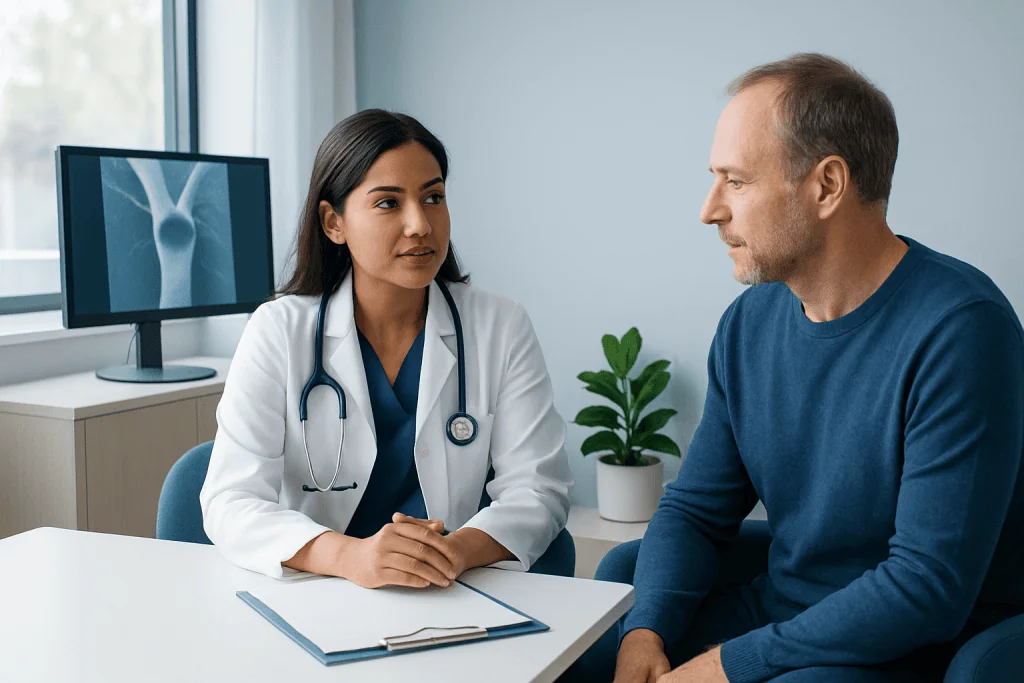 Doctor consulting with patient in a medical office with X-ray images on screen.