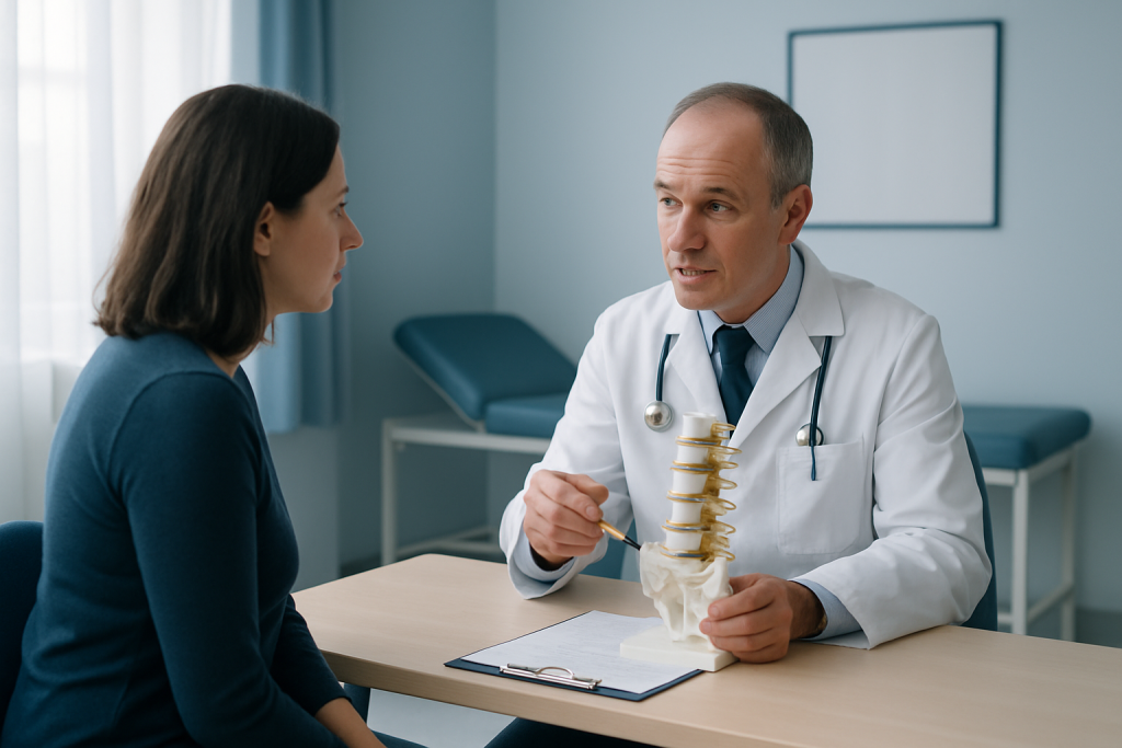 Doctor explaining lumbar spine surgery to patient in consultation room.