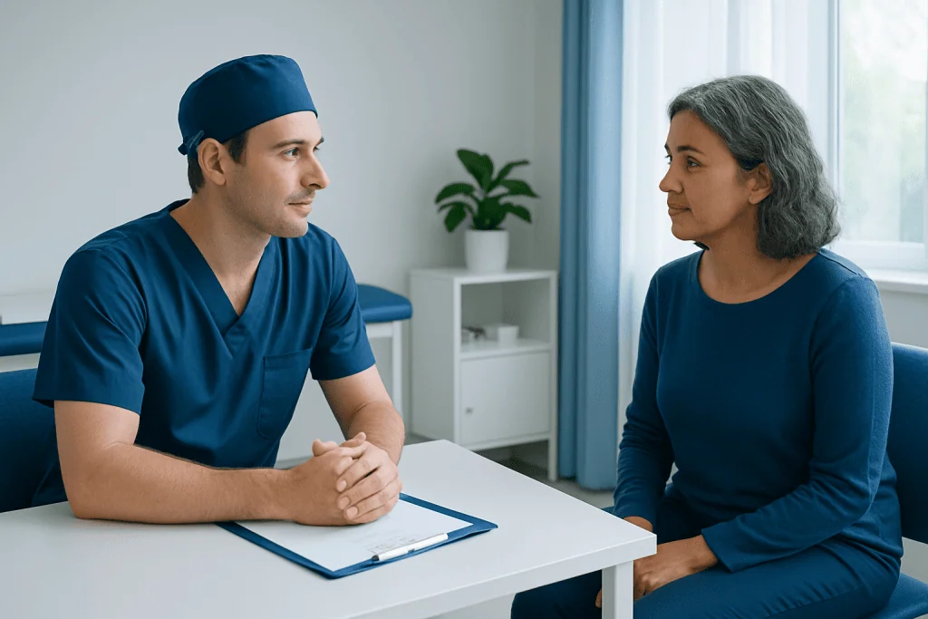 Doctor consulting with a female patient in a medical office setting.