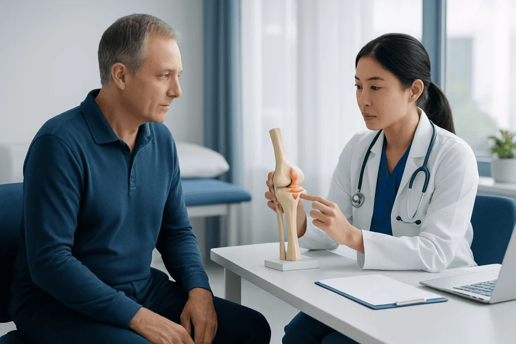 Doctor explaining knee joint model to patient in consultation room.