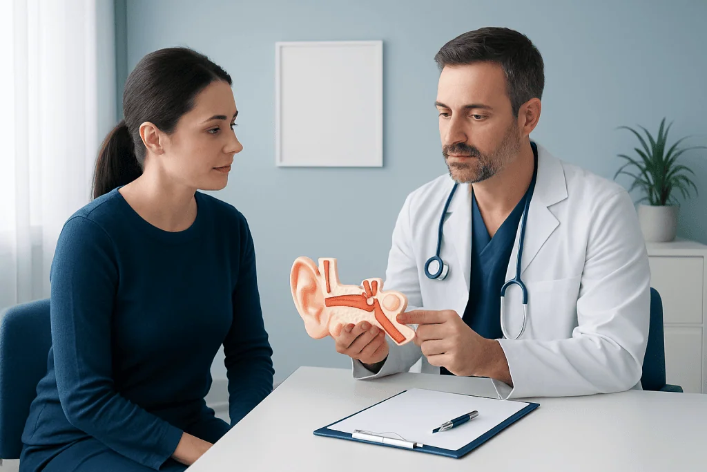 Doctor explaining ear anatomy to a patient with a model of the ear.