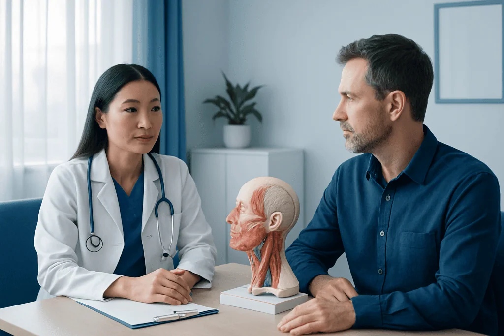 Doctor consulting with patient about head and neck surgery options.