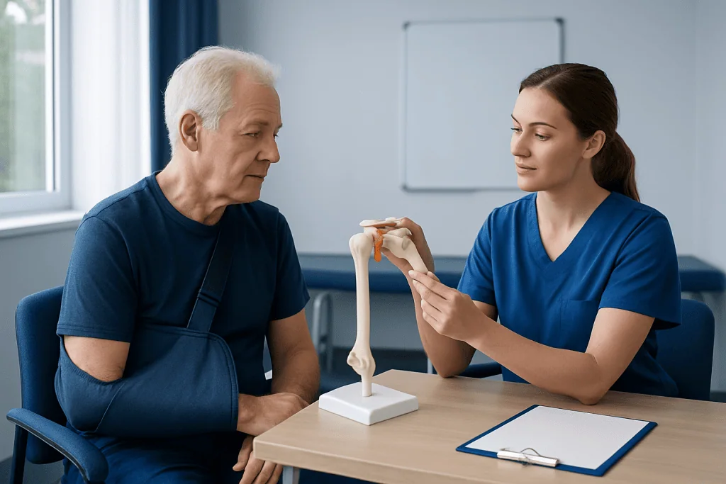 Physical therapist explains shoulder anatomy to senior patient with arm injury.