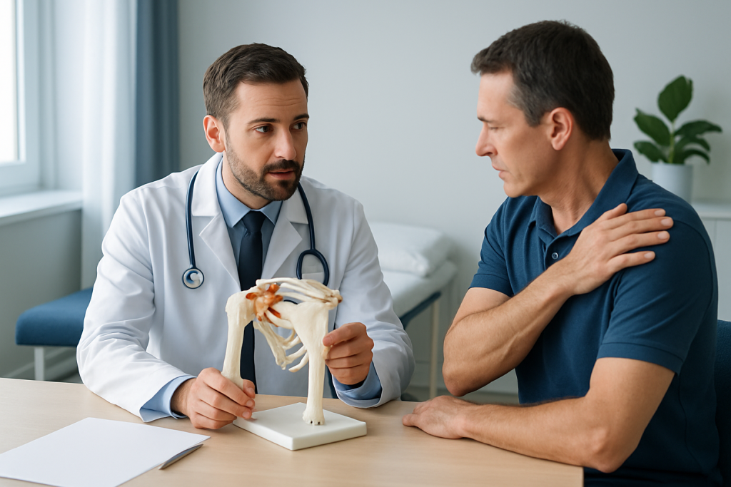 Orthopedic doctor explaining shoulder anatomy to patient with model.