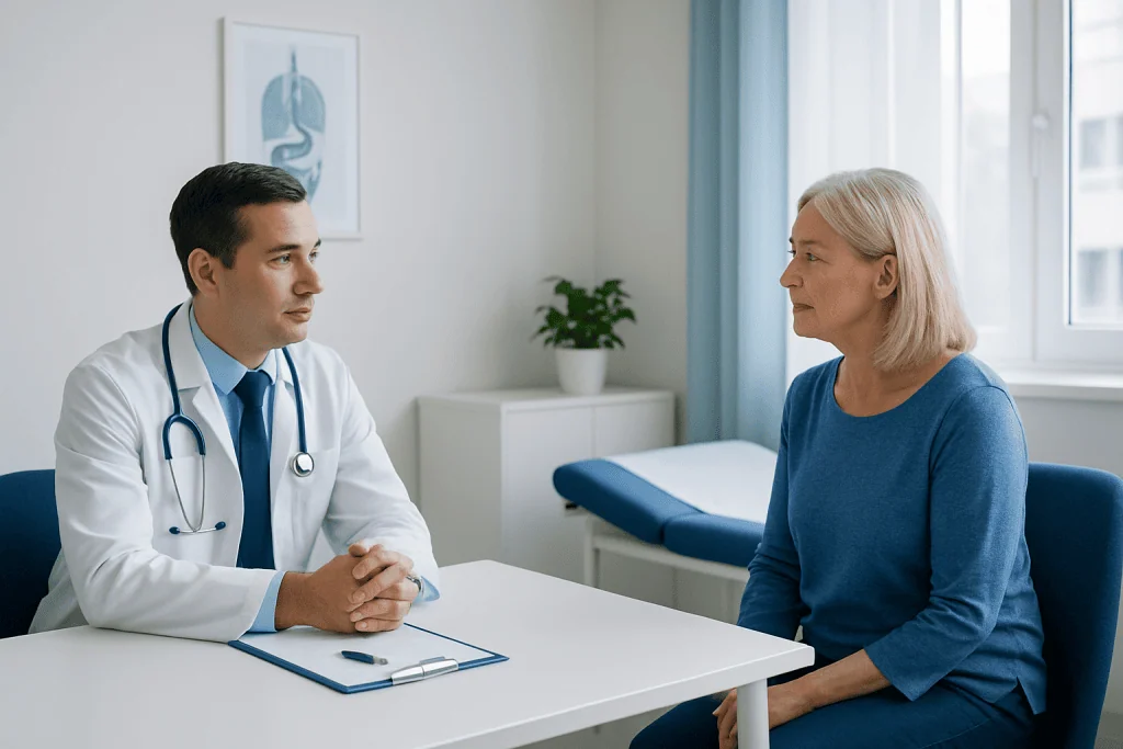 Doctor consulting with an elderly female patient in a medical office.