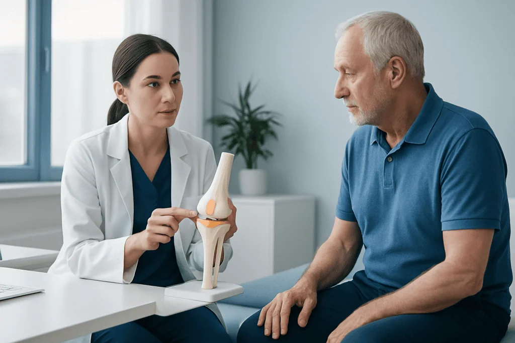 Orthopedic consultation discussing knee joint model with patient at clinic.