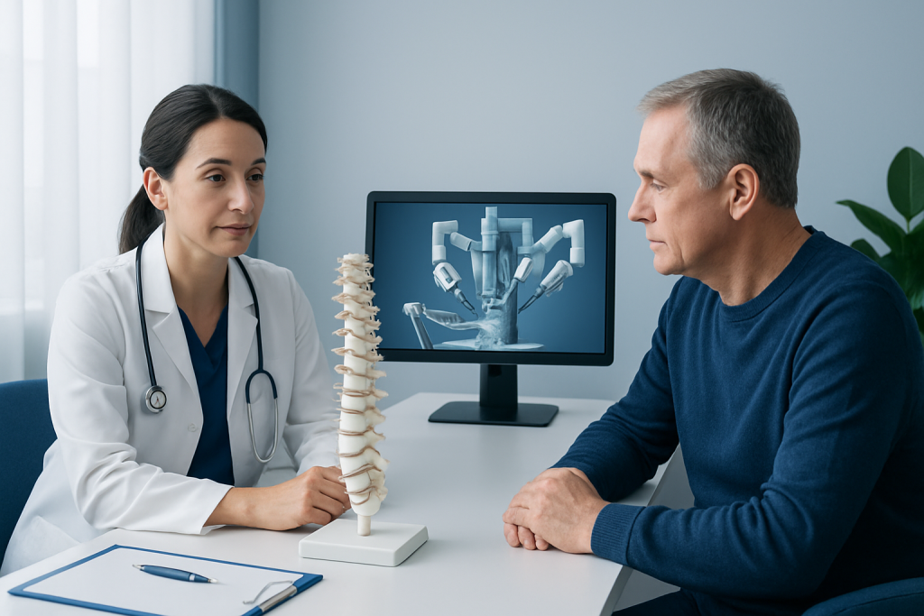 Doctor explaining spinal surgery to patient with spine model and robotic surgical system.
