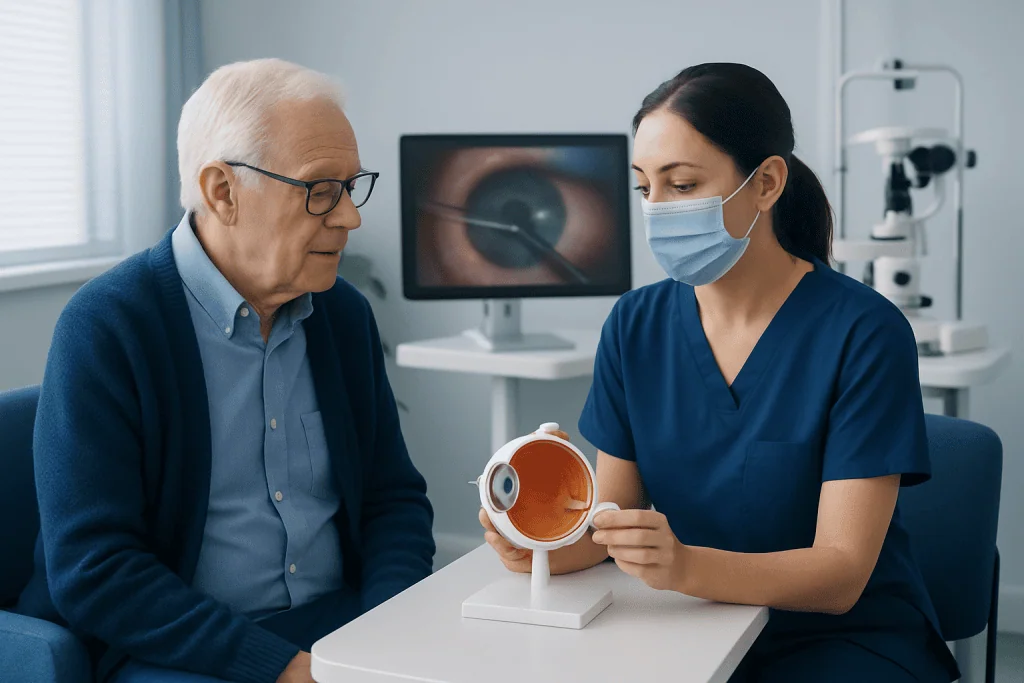 Ophthalmologist explains eye anatomy to elderly patient during consultation.