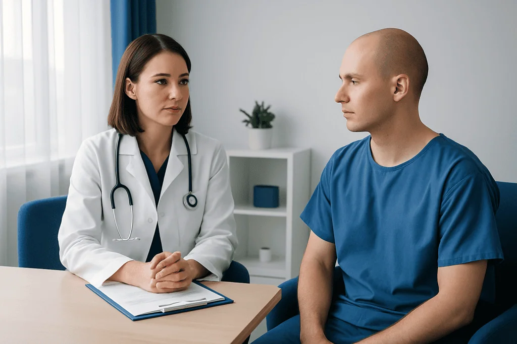 Doctor consulting patient in a medical office setting.