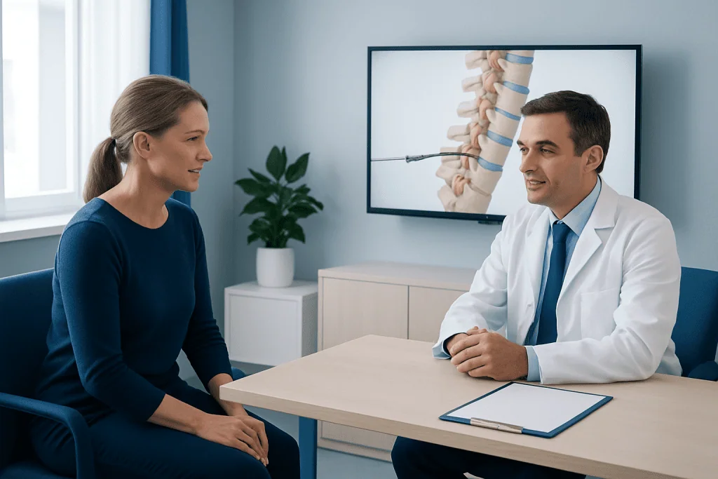 Doctor explaining spinal endoscopy procedure to patient in consultation room.