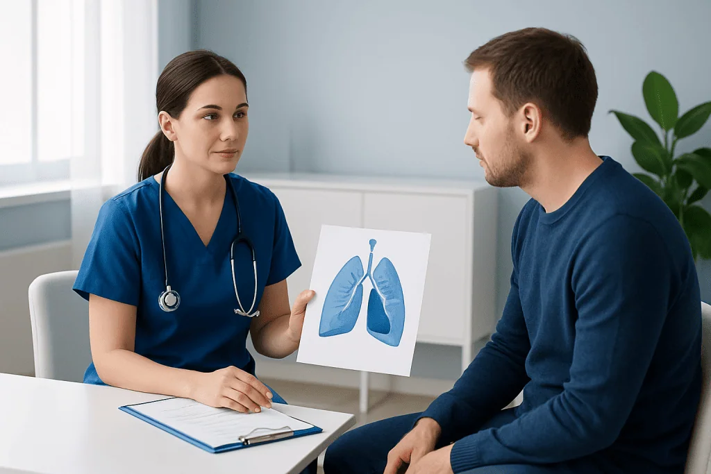 Doctor explaining lung diagram to patient in consultation room.