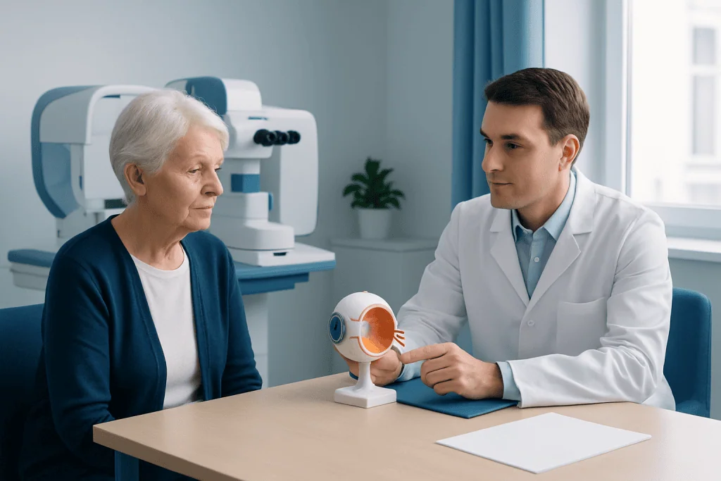 Ophthalmologist explains eye anatomy to elderly patient during consultation.
