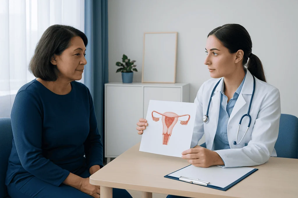 Doctor explaining hysterectomy procedure to patient with uterine diagram.