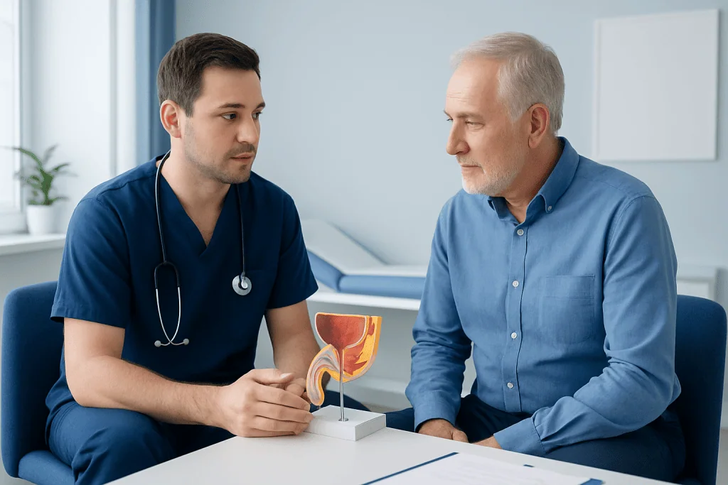 Urologist explaining prostate anatomy to a patient in a consultation room.