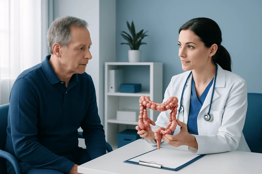 Doctor explains colon anatomy to patient during consultation at Acibadem Hospital.