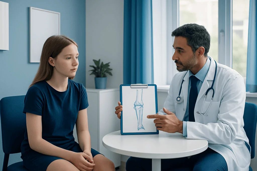 Doctor explaining leg X-ray to young girl in medical consultation room.
