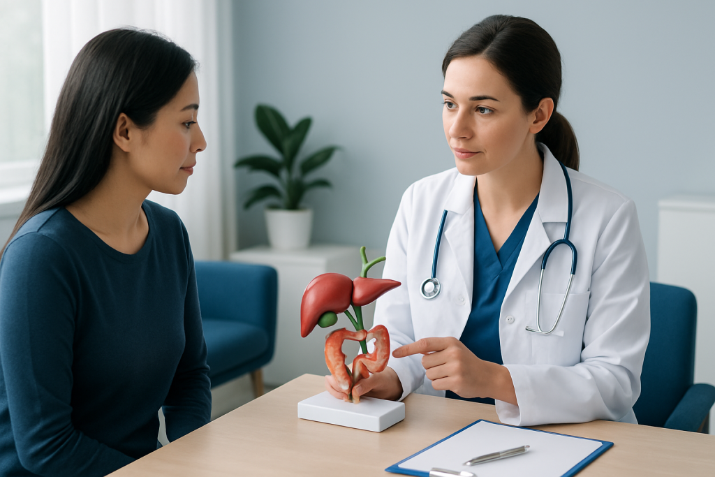 Doctor explaining liver and digestive system to patient with model.