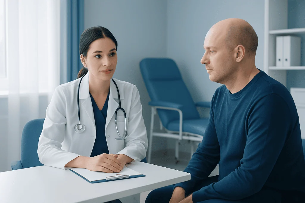 Doctor consulting patient in a medical office setting.